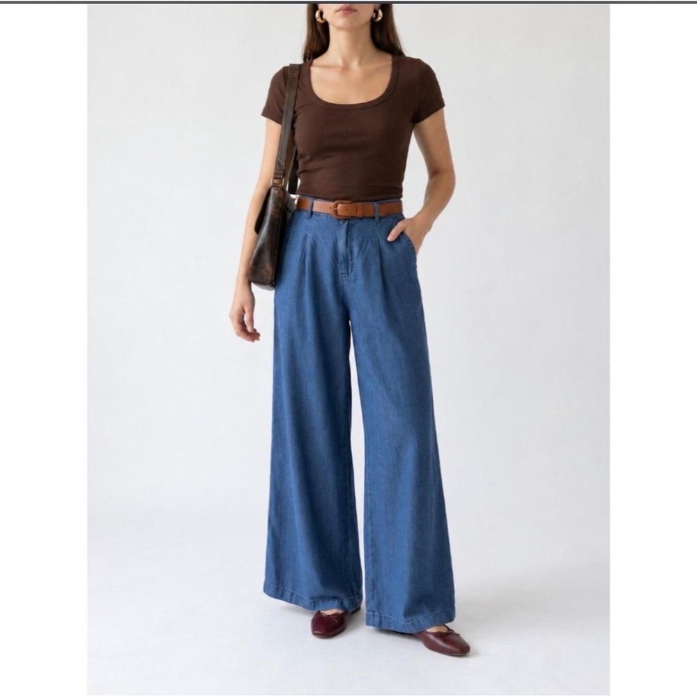 American Eagle High Rise Trouser 0 Blue Wide Leg Lyocell Relaxed Boho Coastal
